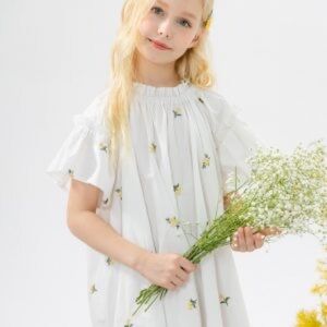 Girls cinched swims floral dress flutter sleeve white embroidered yellow Easter